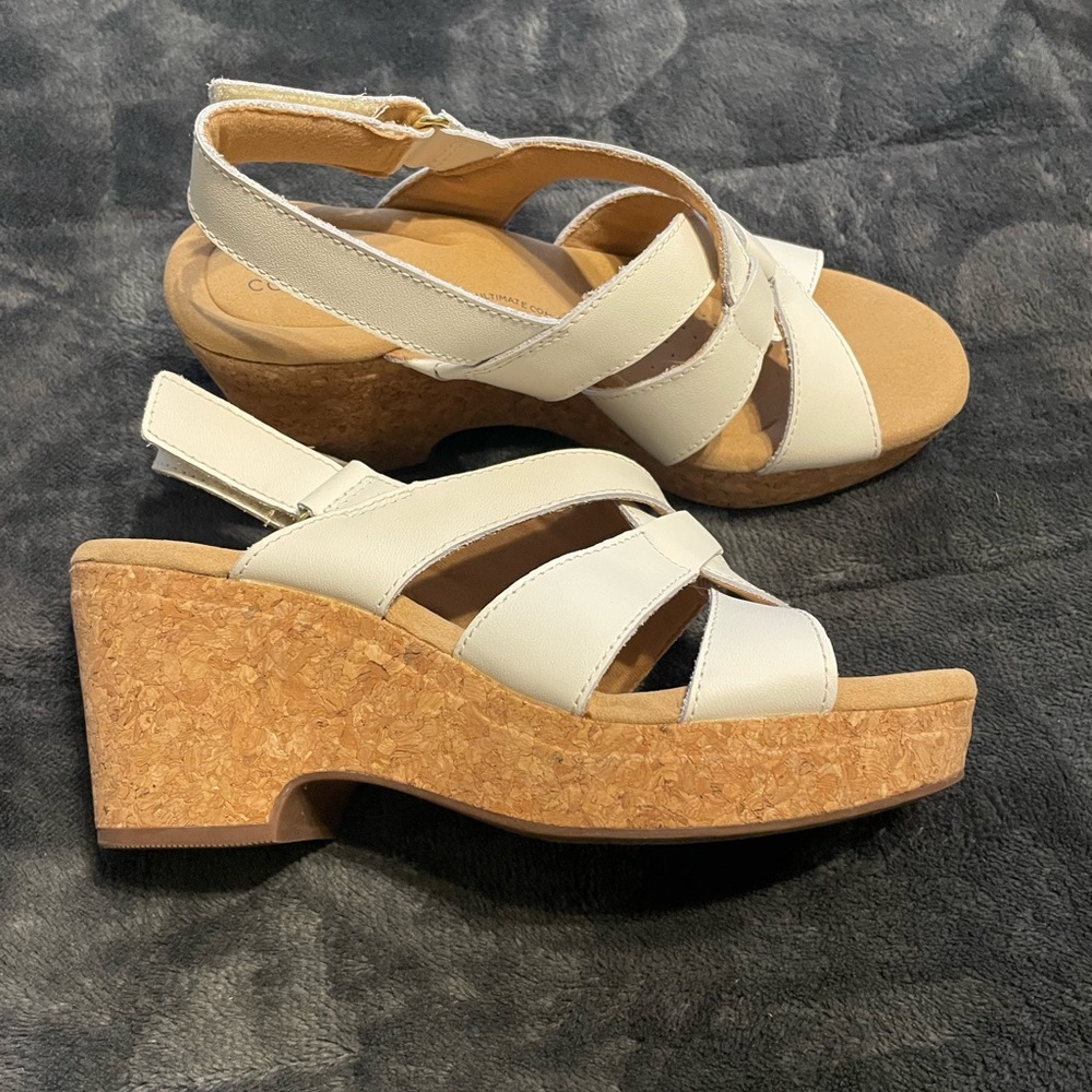 Clarks Cream Cork Wedge Sandals — Strappy Slingback